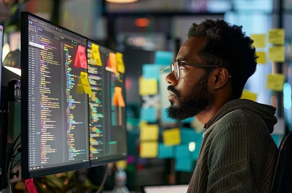 a focused software developer reviews detailed code on a dual-screen setup, surrounded by vibrant sticky notes and industry-themed decor in a sleek, modern office space, embodying the expertise of using the php code sniffer tool effectively.
