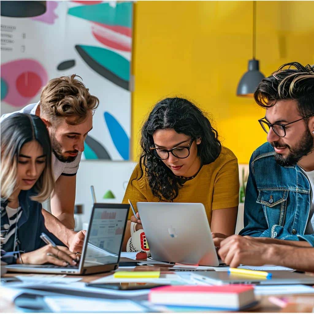 Diverse individuals testing mobile and web applications in a modern workspace, highlighting the importance of cross-platform testing.