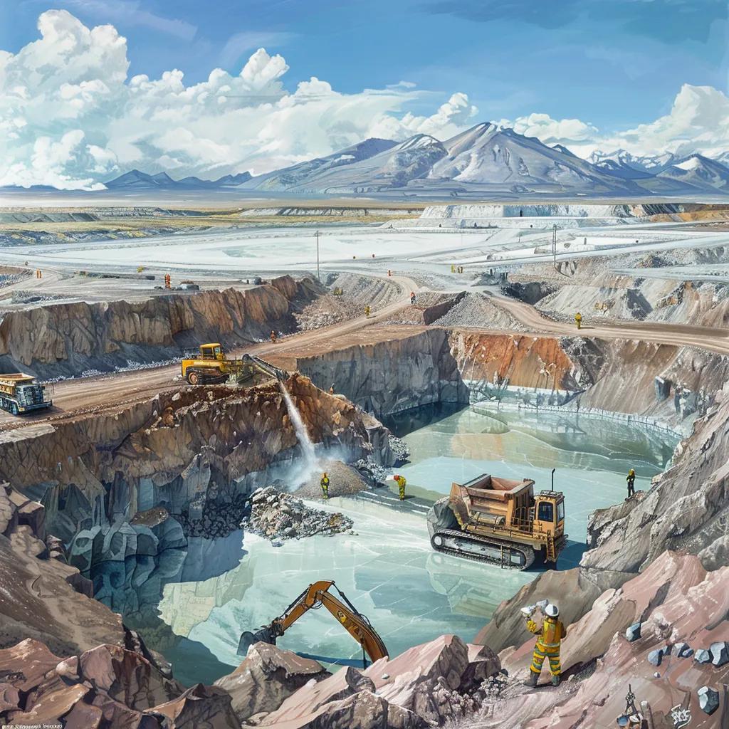 Lithium mining site showing brine extraction and hard-rock mining operations