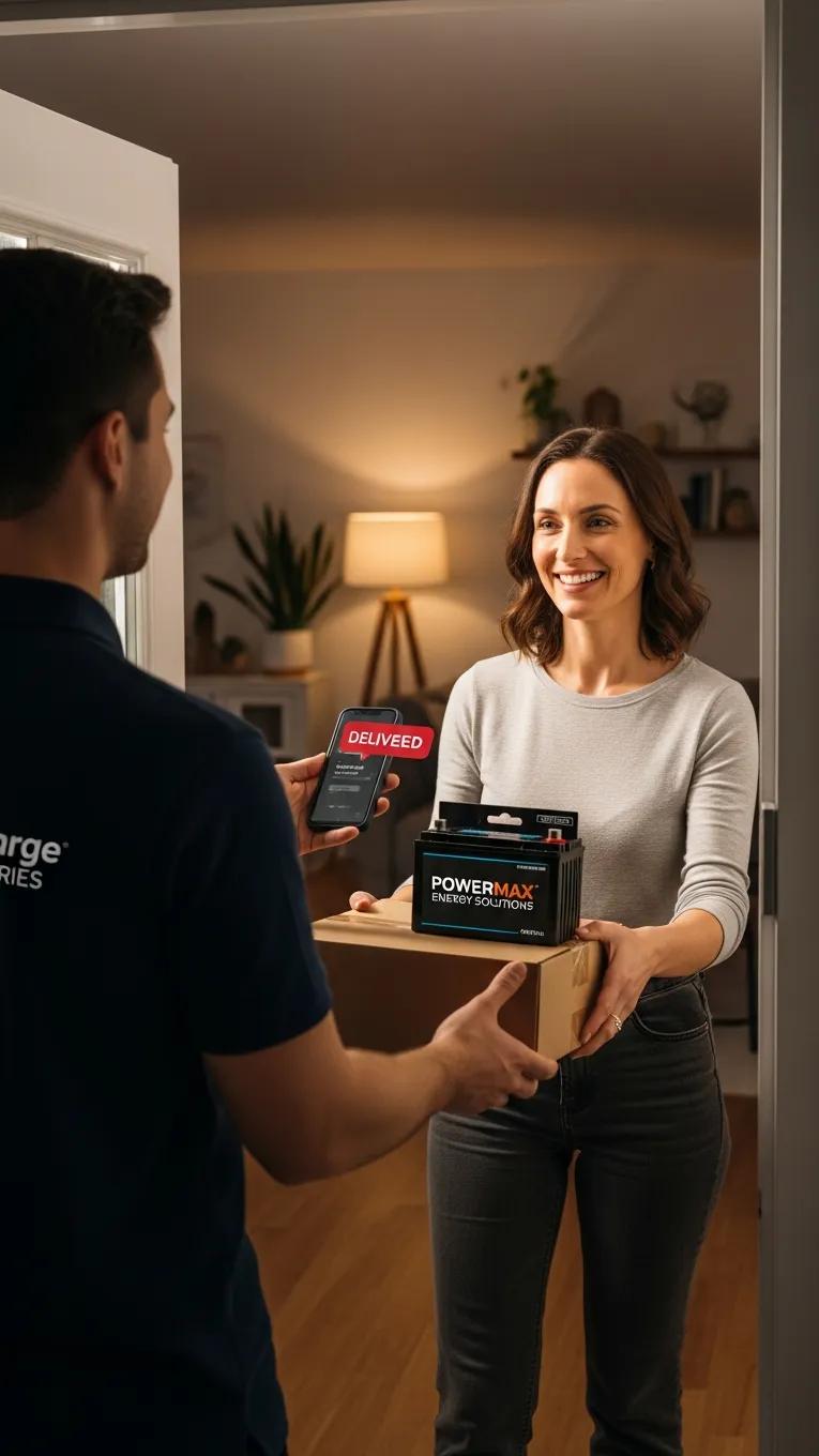 Happy customer receiving a battery delivery at home, highlighting the convenience of online shopping for batteries