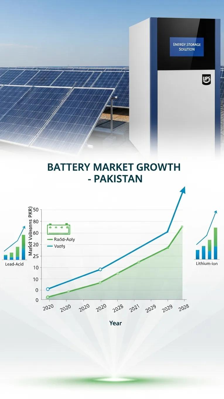Visual representation of the growing battery market in Pakistan, highlighting demand drivers like solar energy and UPS systems